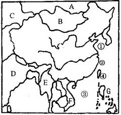 读图,完成下列各项要求:(7分) (1)填出图中字母所代表的陆上邻国和隔海相望的国家:A__________ E__________F__________ G_ 读图,完成下列各项要求:(7分) (1)填出图中字母所代表的陆上邻国和隔海相望的国家:A__________ E__________F__________ G_