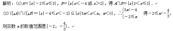 (本小题满分10分) 已知全集为R,A={x|x2-x-6≤0},B={x|x2+2x-8>0},C={x|x2-4mx+3m2<0,m<0}.(1)求A∩B; (本小题满分10分) 已知全集为R,A={x|x2-x-6≤0},B={x|x2+2x-8>0},C={x|x2-4mx+3m2<0,m<0}.(1)求A∩B;