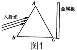 一群处于n=3激发态的氢原子向低能级跃迁,发出的光照射到一块等腰三角形玻璃棱镜AB面上,从AC面出射的光线将照射到一块金 一群处于n=3激发态的氢原子向低能级跃迁,发出的光照射到一块等腰三角形玻璃棱镜AB面上,从AC面出射的光线将照射到一块金