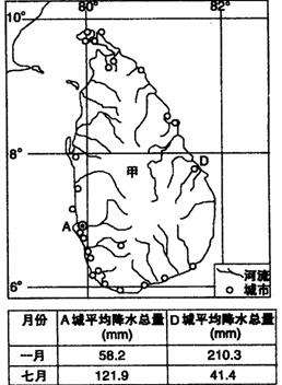 读图,回答问题。(14分)(1)据图推断甲国人口分布的特点,并分析原因。(8分)说明甲国A、D两城市,分别在一月和七月出现降水差异的原因。(6分) 读图,回答问题。(14分)(1)据图推断甲国人口分布的特点,并分析原因。(8分)说明甲国A、D两城市,分别在一月和七月出现降水差异的原因。(6分)