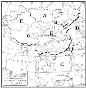 读中国轮廓图,回答问题.写出图中字母所代表的地理事物名称.陆上邻国:A.______隔海相望的国家:B.______临海:C.______岛屿:D.___