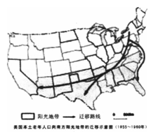 下图为“美国本土老年人口向南方‘阳光地带’的迁移示意图(1955~1960年)。”影响图中国家人口迁移的自然原因是A.西部土地充足,土地生产潜力大B.西部矿产资 下图为“美国本土老年人口向南方‘阳光地带’的迁移示意图(1955~1960年)。”影响图中国家人口迁移的自然原因是A.西部土地充足,土地生产潜力大B.西部矿产资