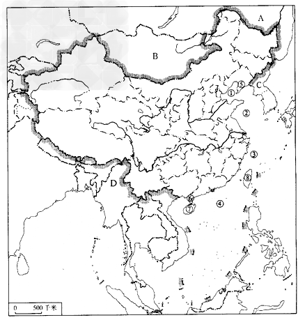 填出下图中我国主要的半岛、岛屿、濒临海洋、邻国的名称:濒临海洋:①___________,②___________,③_________ 填出下图中我国主要的半岛、岛屿、濒临海洋、邻国的名称:濒临海洋:①___________,②___________,③_________