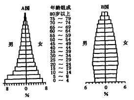 下面为A、B两国“人口金字塔”图,回答下列问题。儿童占有较高比重的是________国,老人占有较高比重的是_______ 下面为A、B两国“人口金字塔”图,回答下列问题。儿童占有较高比重的是________国,老人占有较高比重的是_______