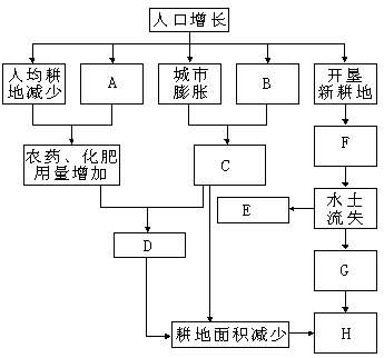 下图是人口增长与土地资源之间的动态关系图,请按事物的因果关系将字母代表的选项填入图中的方框内。 A、粮食需求量加大 B、建 下图是人口增长与土地资源之间的动态关系图,请按事物的因果关系将字母代表的选项填入图中的方框内。 A、粮食需求量加大 B、建