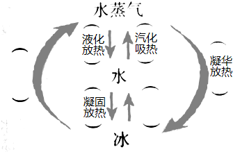水的三种状态分别是冰、水和水蒸气.给图空白括弧填字,完整说明它们三者之间转化过程的名称以及吸热、放热的关系. 魔方格