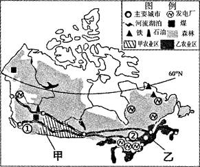读某国主要经济区域分布图,回答下列问题。小题1:该国的主要农业区与城市分布在南部地区的主要影响因素是A.交通B.资源 C.水源D.气候小题2:下列有关甲、乙两农 读某国主要经济区域分布图,回答下列问题。小题1:该国的主要农业区与城市分布在南部地区的主要影响因素是A.交通B.资源 C.水源D.气候小题2:下列有关甲、乙两农