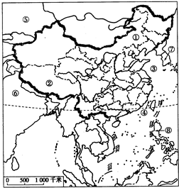 下图是中国空白政区图,读图回答下列问题.全部位于北回归线以南的省级行政区有______、______、______.①是______, 魔方格
