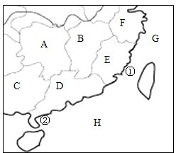 读图,完成下列要求写出字母所代表的省级行政区的名称C______E______省级行政区的简称A______D______省级行政区的行政中心 魔方格