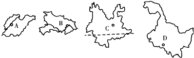 读图,填出图中序号所代表的地理事物名称.图号ABCD省的名称________________________省的简称_____ 魔方格