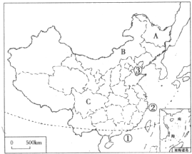 读图,回答下列问题.写出图中字母所代表的省级行政单位名称.A______B______C______写出图中数字所代表的边缘海名称.①______② 魔方格
