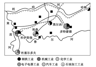 读“世界某地区略图”,回答24~25题。小题1:下列四幅示意图表示该地区五大工业部门的联系。正确的是( )小题2:图示工业区衰落最为明显的工业部门是( )① 读“世界某地区略图”,回答24~25题。小题1:下列四幅示意图表示该地区五大工业部门的联系。正确的是( )小题2:图示工业区衰落最为明显的工业部门是( )①