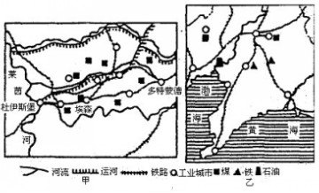 读图,结合所学知识,回答下列问题。两图表示的工业基地分别是:甲是、乙是 。两工业基地形成的共同区位条件是丰富的,便利的,广阔的 。( 读图,结合所学知识,回答下列问题。两图表示的工业基地分别是:甲是、乙是 。两工业基地形成的共同区位条件是丰富的,便利的,广阔的 。(