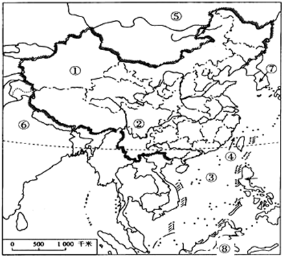 下图是中国空白政区图,读图回答下列问题:北回归线自西向东依次穿过______、______、______、______.①是_____ 魔方格