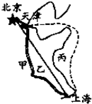 如图所示,三位同学从北京的同一地点到上海的同一地点.甲乘火车到达上海;乙乘飞机到达上海;丙先乘汽车到天津,再换乘轮船到上海.这三位同学中A.甲的路程最小 魔方格