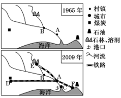 下图为某地1965年和2009年地理简图,读图回答下列各题。小题1:B地形成村镇的条件可能是A.水源充足、交通便利B.矿产资源丰富C.优惠的政策 D.劳动力素质 下图为某地1965年和2009年地理简图,读图回答下列各题。小题1:B地形成村镇的条件可能是A.水源充足、交通便利B.矿产资源丰富C.优惠的政策 D.劳动力素质