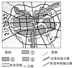 右图为某城市用地略图,其中甲为高新工业区。据此完成38~39题。小题1:图中①②③代表城市工业区、商业区、住宅区,假如该城市布局较为合理,则下列判断正确的是( 右图为某城市用地略图,其中甲为高新工业区。据此完成38~39题。小题1:图中①②③代表城市工业区、商业区、住宅区,假如该城市布局较为合理,则下列判断正确的是(