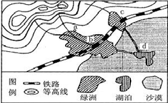 图为“某干旱地区城市分布图”,根据图中所提供的信息,回答下列各题小题1:图中a、b、c、d四个位置,最容易形成城镇的是A.a B.bC.cD.d小题2:解决城市 图为“某干旱地区城市分布图”,根据图中所提供的信息,回答下列各题小题1:图中a、b、c、d四个位置,最容易形成城镇的是A.a B.bC.cD.d小题2:解决城市