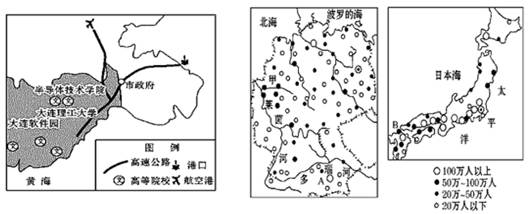 左下图为大连软件产业园位置示意图,右下图为德国和日本不同等级城市分布图。大连是“国家环保模范城市”20世纪90年代末以来,随着软件产业园的建设德国、日本的软件企 左下图为大连软件产业园位置示意图,右下图为德国和日本不同等级城市分布图。大连是“国家环保模范城市”20世纪90年代末以来,随着软件产业园的建设德国、日本的软件企