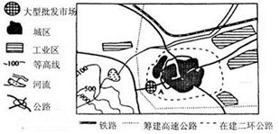 读某特大城市略图,回答18~19题。小题1:图中A处建大型批发市场的主要优势是 A.人口稠密,靠近市场B.位于城市的几何中心C.劳动力资源丰富D.交通便利, 读某特大城市略图,回答18~19题。小题1:图中A处建大型批发市场的主要优势是 A.人口稠密,靠近市场B.位于城市的几何中心C.劳动力资源丰富D.交通便利,