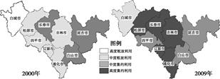 单位土地面积上投放的劳动力和资金多,产出多,则土地利用的集约度高,为集约利用;反之,土地利用集约度低,为粗放利用。下图是2000年和2009年吉林省土地集约利用 单位土地面积上投放的劳动力和资金多,产出多,则土地利用的集约度高,为集约利用;反之,土地利用集约度低,为粗放利用。下图是2000年和2009年吉林省土地集约利用