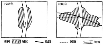 下图是“我国某小城市地域形态变化示意图”,读图回答1—2题。1、2008年与1948年该城市地域形态明显不同,其最主要的影响因素是 下图是“我国某小城市地域形态变化示意图”,读图回答1—2题。1、2008年与1948年该城市地域形态明显不同,其最主要的影响因素是