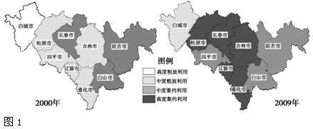 单位土地面积上投放的劳动力和资金多,产出多,则土地利用的集约度高,为集约利用;反之,土地利用集约度低,为粗放利用。图1是2000年和2009年吉林省土地集约利用 单位土地面积上投放的劳动力和资金多,产出多,则土地利用的集约度高,为集约利用;反之,土地利用集约度低,为粗放利用。图1是2000年和2009年吉林省土地集约利用