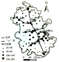 读“我国安徽省城镇吸引机会指数分布示意图”,回答下列问题。小题1:造成城镇吸引机会指数差异的最主要因素是A.自然条件B.城市等级C.农业基础D.城市空间结构小题 读“我国安徽省城镇吸引机会指数分布示意图”,回答下列问题。小题1:造成城镇吸引机会指数差异的最主要因素是A.自然条件B.城市等级C.农业基础D.城市空间结构小题