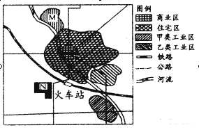 某城市地处平原地区,下图示意该城市功能分区。回答下列各题。小题1:甲类工业区适宜发展的工业部门及其优势条件分别是A.电子工业环境优美,交通便利B.服装加工工业员 某城市地处平原地区,下图示意该城市功能分区。回答下列各题。小题1:甲类工业区适宜发展的工业部门及其优势条件分别是A.电子工业环境优美,交通便利B.服装加工工业员
