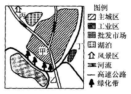 下图是“我国东南某地城乡规划示意图”。读图,回答题。小题1:图中甲、乙、丙、丁四地,最适宜建高级住宅区的是A.甲B.乙C.丙D.丁小题2:图中批发市场区位选择最 下图是“我国东南某地城乡规划示意图”。读图,回答题。小题1:图中甲、乙、丙、丁四地,最适宜建高级住宅区的是A.甲B.乙C.丙D.丁小题2:图中批发市场区位选择最