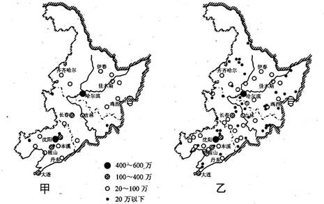 材料一图甲和图乙分别表示我国东北三省1982年和2005年城市分布示意图。材料二通常城市等级的高低是以城市人口规模来划分的。不 材料一图甲和图乙分别表示我国东北三省1982年和2005年城市分布示意图。材料二通常城市等级的高低是以城市人口规模来划分的。不