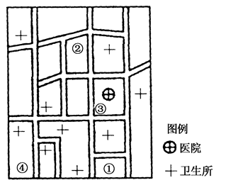 如图是“某城市医院与卫生所分布图”。读图,完成小题。小题1:医科大学毕业的小明想开一家私人卫生所,该卫生所最适宜选择在( )A.① B.②C.③ D.④【 如图是“某城市医院与卫生所分布图”。读图,完成小题。小题1:医科大学毕业的小明想开一家私人卫生所,该卫生所最适宜选择在( )A.① B.②C.③ D.④【