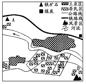 下图为某城市示意图,该城市的工业布局从环境保护和资源利用角度看都是合理的。读图回答下列问题。(1)下图表示B—C—D一线地租变化曲线的是_______ 下图为某城市示意图,该城市的工业布局从环境保护和资源利用角度看都是合理的。读图回答下列问题。(1)下图表示B—C—D一线地租变化曲线的是_______