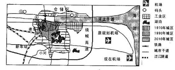 下图为我国某城市的形态结构图,河流的阴影部分表示受潮汐影响显著的河段,据此回答下列各题。小题1:以下叙述最正确的是:A.现在机场地址在远离城市的东部沿海,是为了 下图为我国某城市的形态结构图,河流的阴影部分表示受潮汐影响显著的河段,据此回答下列各题。小题1:以下叙述最正确的是:A.现在机场地址在远离城市的东部沿海,是为了