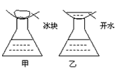 如图,在“模拟大自然中'雨'的形成”的活动中,向甲、乙两个圆锥瓶内注入少量的温水后,取干燥的蒸发皿盖在瓶口,在蒸发皿中分别放入冰块和开水,则稍后瓶口 如图,在“模拟大自然中'雨'的形成”的活动中,向甲、乙两个圆锥瓶内注入少量的温水后,取干燥的蒸发皿盖在瓶口,在蒸发皿中分别放入冰块和开水,则稍后瓶口