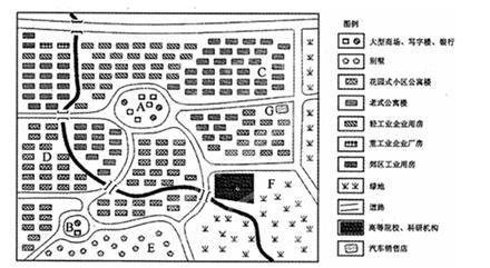 某城市内部的地域结构为多核心结构。下图是该城市的建筑与道路分布示意图。读图回答问题。小题1:A、B中属于中心商务区的是________,主要原因是_______ 某城市内部的地域结构为多核心结构。下图是该城市的建筑与道路分布示意图。读图回答问题。小题1:A、B中属于中心商务区的是________,主要原因是_______