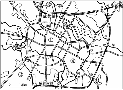 读成都市地域形态图,回答1一2题。小题1:成都市地域形态是A.集中式B.团块状C.条带状D.放射状小题2:成都市高新技术开发区宜布局在A.①B.②C.③D.④ 读成都市地域形态图,回答1一2题。小题1:成都市地域形态是A.集中式B.团块状C.条带状D.放射状小题2:成都市高新技术开发区宜布局在A.①B.②C.③D.④