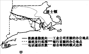 城市是一定区域的社会经济发展的中心,随着与城市的距离的扩大,周围区域受到城市的影响力逐渐减弱。下图是格林研究美国纽约和波士顿的城市腹地划分图(主要 城市是一定区域的社会经济发展的中心,随着与城市的距离的扩大,周围区域受到城市的影响力逐渐减弱。下图是格林研究美国纽约和波士顿的城市腹地划分图(主要