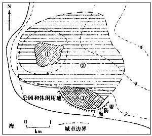 读“欧洲西部某沿海城镇功能分区图”,图中的虚线为等高线,海防堤是为应对海平面上升1米而设计的。据此回答1—3题。 1、从服 读“欧洲西部某沿海城镇功能分区图”,图中的虚线为等高线,海防堤是为应对海平面上升1米而设计的。据此回答1—3题。 1、从服