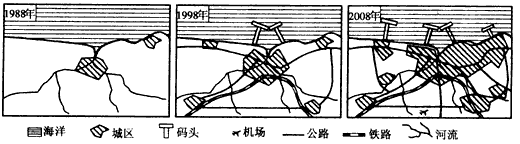 下图为某地城市发展示意图。读图回答问题。从1988年到2008年,该地城市在数量上的变化特点是_________,面积上的变化特点是___ 下图为某地城市发展示意图。读图回答问题。从1988年到2008年,该地城市在数量上的变化特点是_________,面积上的变化特点是___