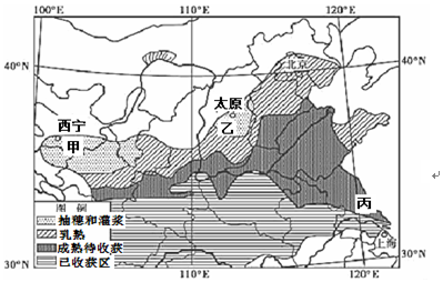 下图为我国某农作物主产区某年6月16日发育及收获进程分布图。读图回答下列各题。小题1:该农作物在甲乙两地的发育晚于同纬度地区的主要原因可能是A.地势较高B.降水 下图为我国某农作物主产区某年6月16日发育及收获进程分布图。读图回答下列各题。小题1:该农作物在甲乙两地的发育晚于同纬度地区的主要原因可能是A.地势较高B.降水