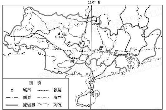 材料一:下图为我国南方某区域略图。材料二:广西有多个蔬菜生产基地,2012年广西的蔬菜产量是海南的4倍,是“南菜北运”的重要基地。商务部 材料一:下图为我国南方某区域略图。材料二:广西有多个蔬菜生产基地,2012年广西的蔬菜产量是海南的4倍,是“南菜北运”的重要基地。商务部