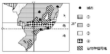 下图为某国南部农业土地利用类型分布图,①、②、③、④四图例分别代表该国除谷物种植用地以外的其它四种农业土地利用类型,据此回答下列问题。小题1:①、②、③、④代表 下图为某国南部农业土地利用类型分布图,①、②、③、④四图例分别代表该国除谷物种植用地以外的其它四种农业土地利用类型,据此回答下列问题。小题1:①、②、③、④代表
