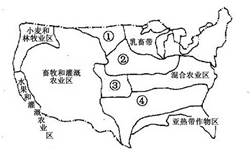 读图“美国农业带”,回答题。小题1:图中序号代表的地域中,属于冬小麦区的是A.①B.②C.③D.④小题2:图中序号代表的农业地域类型中,可能形成谷物生产和饲养牲 读图“美国农业带”,回答题。小题1:图中序号代表的地域中,属于冬小麦区的是A.①B.②C.③D.④小题2:图中序号代表的农业地域类型中,可能形成谷物生产和饲养牲