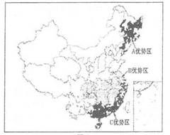 读我国某种农作物优势种植区分布图(下图),回答下列问题。小题1:该农作物可能是A.小麦B.棉花C.大豆D.水稻小题2:与B优势区相比,该农产品在A优势区品质较高 读我国某种农作物优势种植区分布图(下图),回答下列问题。小题1:该农作物可能是A.小麦B.棉花C.大豆D.水稻小题2:与B优势区相比,该农产品在A优势区品质较高
