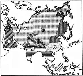 读亚洲气候类型分布图,回答问题。亚洲各种气候类型中,序号⑤所代表的气候类型是,其气候特征:、。季风气候主要分布在亚洲的和,其降水的 读亚洲气候类型分布图,回答问题。亚洲各种气候类型中,序号⑤所代表的气候类型是,其气候特征:、。季风气候主要分布在亚洲的和,其降水的