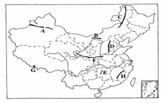 读图,回答问题:(1)A是(山脉)。(2)B山脉位于我国地势第级阶梯上。(3)C山脉的东侧是平原。(4)D山脉的西侧是高原。(5)F是(山脉)。(6) 读图,回答问题:(1)A是(山脉)。(2)B山脉位于我国地势第级阶梯上。(3)C山脉的东侧是平原。(4)D山脉的西侧是高原。(5)F是(山脉)。(6)