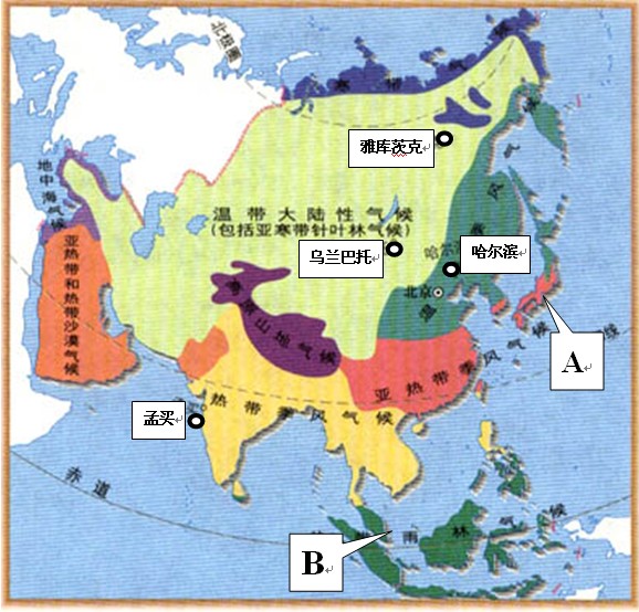 根据下图回答问题。A处群岛因地处亚欧板块和太平洋板块交界处,地壳比较活跃,因此多火山和。下图中水旱灾害频繁的气候类型是A.热带季风气候 B.热带 根据下图回答问题。A处群岛因地处亚欧板块和太平洋板块交界处,地壳比较活跃,因此多火山和。下图中水旱灾害频繁的气候类型是A.热带季风气候 B.热带