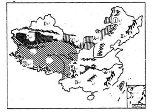 读“中国地形分布图”,完成问题。写出图中字母代表的地形区的名称。A高原 B高原 C盆地 D盆地 E丘陵写出图中数字代号代表的山脉名称。①② 读“中国地形分布图”,完成问题。写出图中字母代表的地形区的名称。A高原 B高原 C盆地 D盆地 E丘陵写出图中数字代号代表的山脉名称。①②