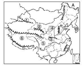 读图,回答问题。填出图中序号或字母所代表的地理事物:山脉:①②③地形区:⑤⑥国家:AB①山脉的南侧是盆地。③山脉位于我国地势第级阶梯 读图,回答问题。填出图中序号或字母所代表的地理事物:山脉:①②③地形区:⑤⑥国家:AB①山脉的南侧是盆地。③山脉位于我国地势第级阶梯
